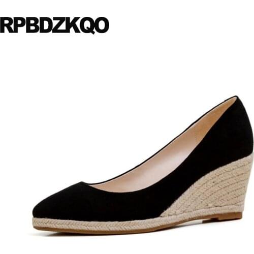 Genuine leather designer women luxury 2019 shoes slip on pumps 3 inch wedge black pointed toe casual high heels suede size 4 34
