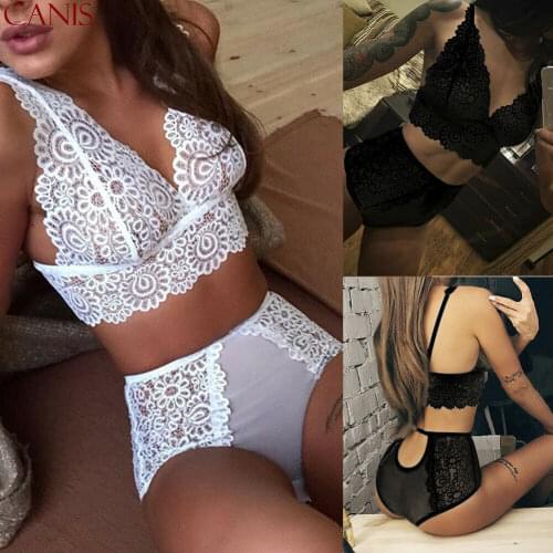 Embroidery White Bra Set Push Up Seamless Lace Deep V Neck Sexy Lingerie Women Transparent High Waist Underwear Set Plus Size
