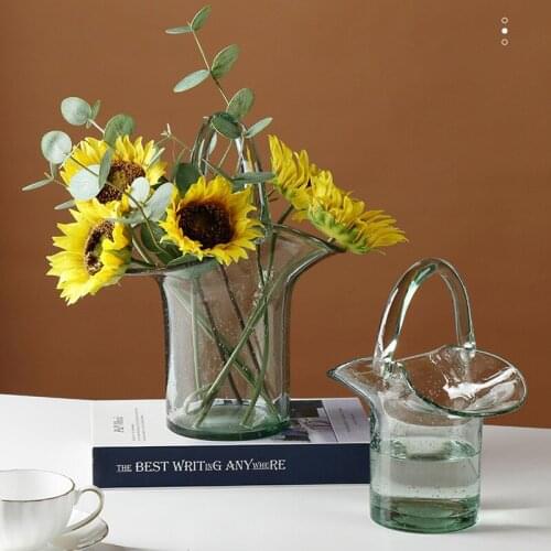 Nordic Creative Flower Vase Hydroponic Pots Shopping Basket Big Glass Bag For Home Cristal Decoration Living Room Table Ornament