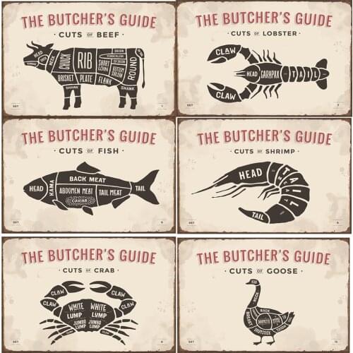 1pcs Vintage Seafood Cow Metal Tin Signs Poster Restaurant Decor Poster Animal Sheep Fish Shrimp Crab Retro Wall Sticker Decor