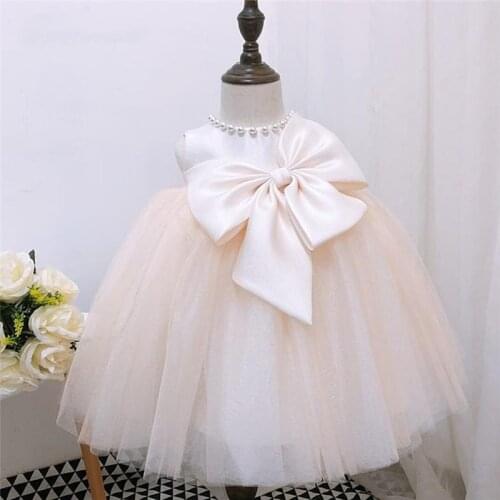 Sweet Cute Baby Girls Dresses Puffy Skirt Big Bow Pearls O Neck Christmas Gown First Birthday Dress