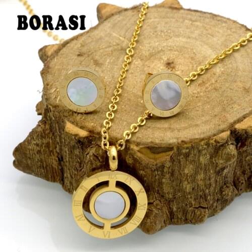 Fashion Famous Brand Jewelry Women Roman Letter Gold Color Natural Pearl Shell Wedding Jewelry Sets With Necklace+Earrings