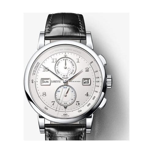 LOBINNI Men Vogue Dress 50M Waterproof Business Automatic Mechanical Wrist Watch With Month Week Date 24 Hour Format - Silver