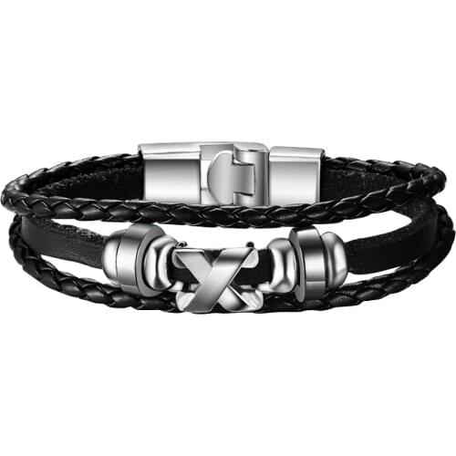 Men Fashion Letter X Bracelet Bangle Braid Faux Leather Clasp Jewelry Accessory