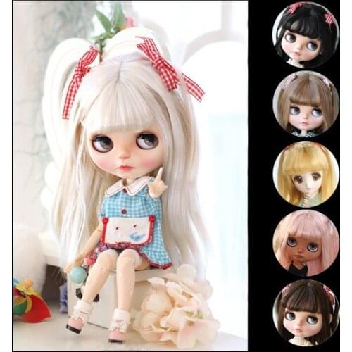 Blythes Doll Wigs Fits 1/6 Size Fashionable Go with Ocean Air Bangs Double Horsetail Mohair Fake Wigs Latte Black Gold etc