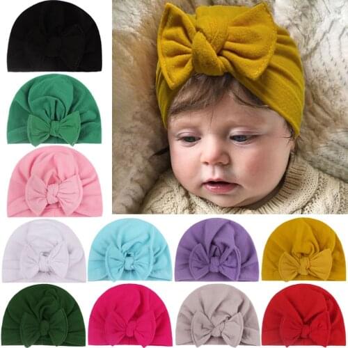 11 Colors Newborn Baby Girls Cotton Hats Fashion Bowknoe Cap Solid Color Bow Turban Beanie Infant Bonnet Children Birthday Gifts