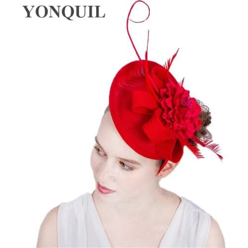 Red Bow Fascinator For Horse Racing Festival Wedding Boutique 2020 Imitation Sinamay Fascinator Hat With Feather Flower