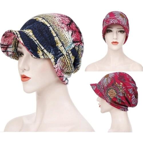 Womens Print Beanies Hat Female Autumn Winter Cotton Baseball Hats Ponytail Vintage Warm Turban Cap Baseball Hat Visors Caps