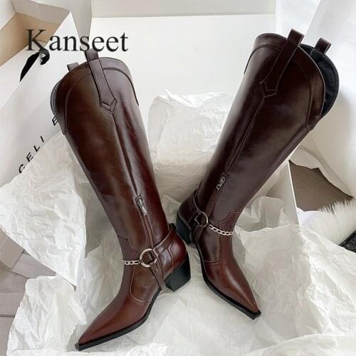 Kanseet 2021 Autumn Winter Western Boots Chain Women Knee-High Boots Elegant Pointed Toe Warm Slim Mid Heel Female Long Boots 40