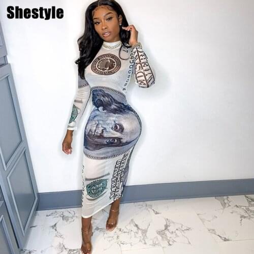 Shestyle Mesh Autumn See Through Long Pencil Dress Women Mock Neck Bodycon Dollar Money Sexy Dresses Lady Fitted Clothes