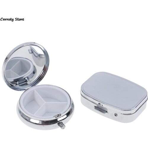 1Pc Small Metal Round Rectangular Pill Cases Splitters Silver Tablet Pill Box Container Medicine Case Metal Holder Medicine