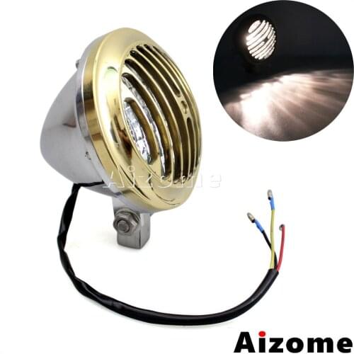 12V H4 Polished Motorcycle Brass Finned Grill Headlight 4" Vintage Cafe Racer Headlamp For Harley Custom Chopper Bobber BMW