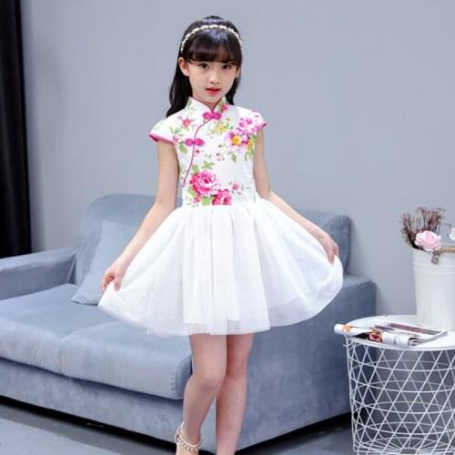 2018 Summer Children Girl Cheongsam Dress Chinese Traditional Qipao Short Sleeve Dress Cotton Girl Skirt Children Cheongsam