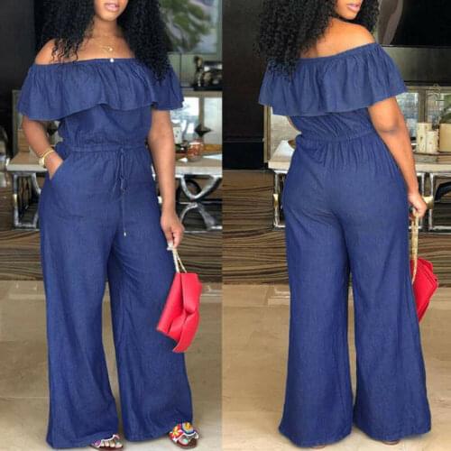 2021 Fashion Casual Women Solid Off Shoulder Long Romper Jumpsuit Bodysuit Overall Wide Legs Oversized One-piece Jeans