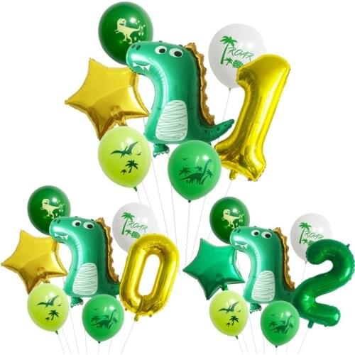 7Pcs/Pack Dinosaur Balloons Set Gold Green Digital Number Happy Birthday Party Decoration Baby Shower Roar Boys Balloon Supplies