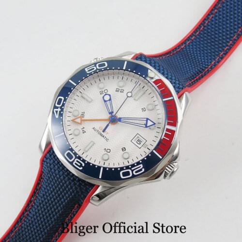 BLIGER White Sterile Dial Sapphire Crystal 41mm Men Wristwatch Self Winding Movement Rubber Strap Date Window