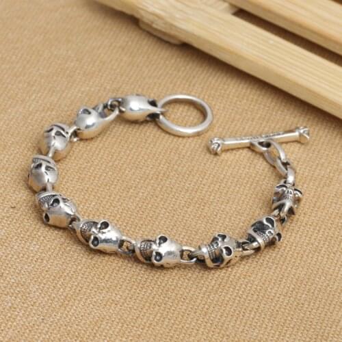 Handmade S925 pure silver skull bracelet vintage thai silver punk jewelry male bracelet man jewelry gift
