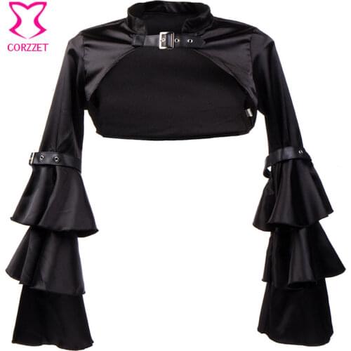 Victorian Ruffle Black Satin Long Flare Sleeve Gothic Jacket Bolero Women Short Coat Steampunk Corset Sexy Costume Outerwear