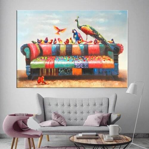 Colorful Cartoon Birds Canvas Print Posters Colorful Birds Parrots on Sofa Canvas Painting Wall Art Living Room Decoration