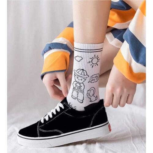 Harajuku Kawaii Socks Set Astronaut Cute Pug Cartoon Black White Happy Socks With Slogans Graffiti Anime Cotton Calcetines