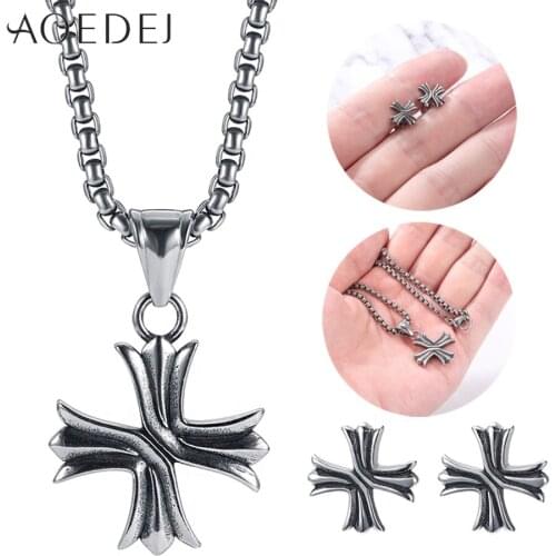AOEDEJ 316L Stainless Steel Jewelry Sets Punk Cross Necklace Earring Set for Men Gothic Jewelry Hip Hop Accessories