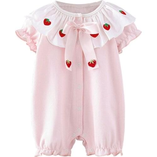 Girls Short Sleeve Strawberry Print Round Layered Neck Princess Cotton Summer Dress Rompers One-Pieces Dressing Rompers