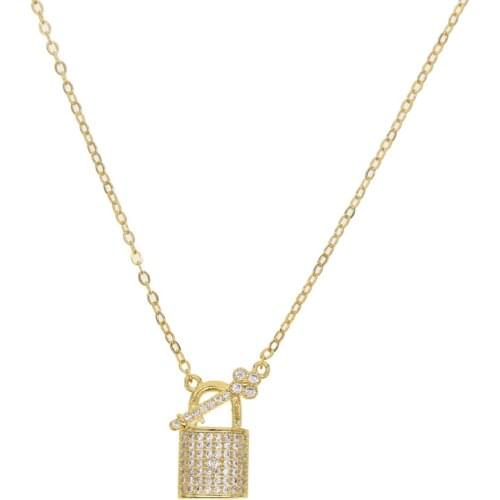 Gold filled fashion women trendy jewelry tiny cubic zirconia paved CZ plain lock key charm delicate simple layer luxury necklace