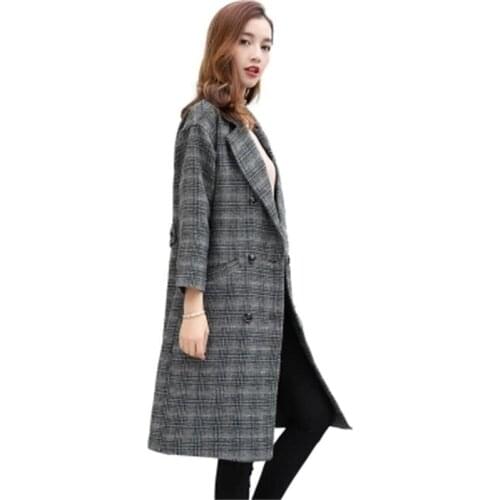 New winter plus velvet thick woolen coat female long section lattice double-breasted coat women