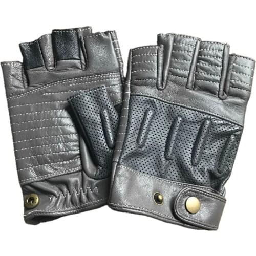 NEW Fashion Summer Men Driving Gloves Half Finger Gloves Mens Leather Gloves Hole Button Breathable Goat Genuine Leather Mittens