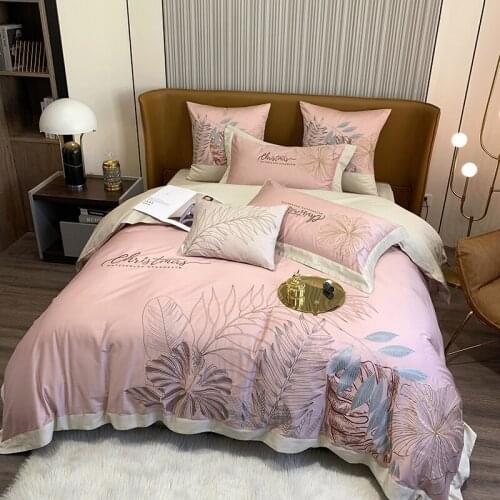Luxury Nordic Floral Style Pink Embroidery Cotton Duvet Cover Bed Linen Fitted Sheet Pillowcases Bedclothes Bedspread King Queen