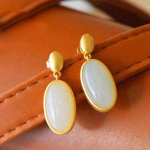 Vintage Earrings for Women Beautiful Classical Natural Hetian Jade Egg Surface Earrings Long S925 Sterling Silver Elegant round