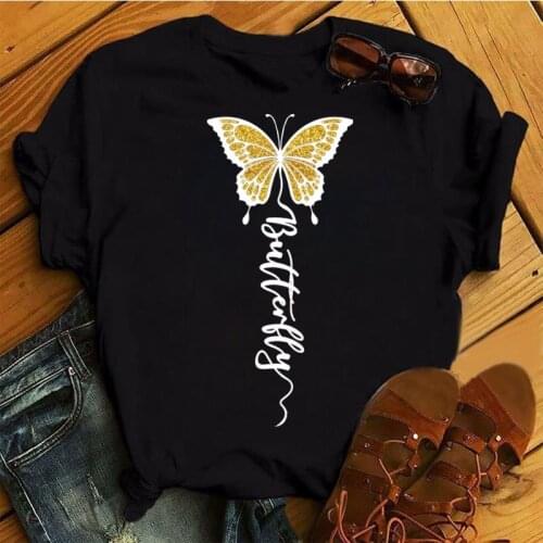 Women Fashion T Shirt Gold Butterfly Print T Shirt New Black T Shirt Female Short Sleeve Cute Graphic Tee Shirts 90s Ladies Tops