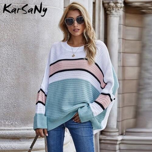 Knitted Striped Sweater Oversize Women Patchwork Pullover OL Winter Plus Size Sweaters Loose Sweater For Women Jumper Stripe
