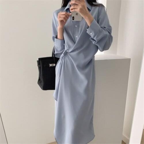 Johnature Irregular Women Dress 2021 Spring New Korean Turn-down Collar Loose Simple Solid Color Shirt Dresses