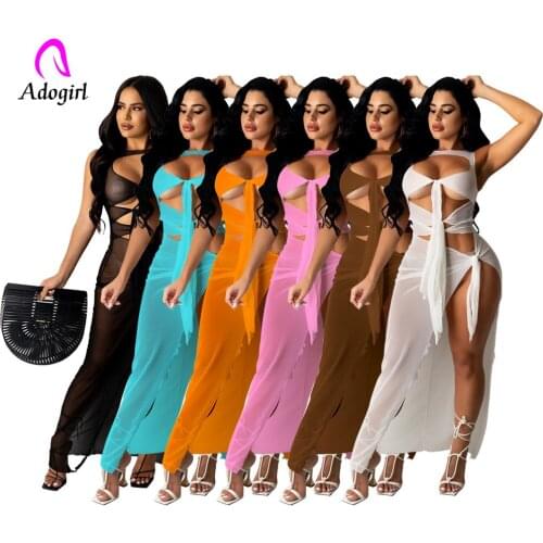 See Through Women Sheer Mesh Long Maxi Dress 2021 Summer Off Shoulder Solid Bandage Sexy Cut Out Slit Night Club Party Vestidos