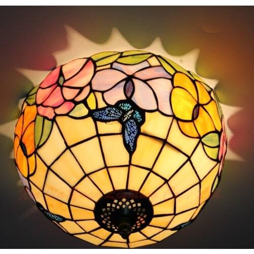 12inch European Style Pink Tiffany style ceiling light butterfly flower glass Stained Glass Lamp for Bedroom E27 110-240V