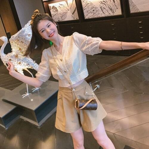 Women 2021 Summer 2 Pieces Shorts Sets Female Sweet Puff Short Sleeve Tops and Shorts Two Piece Set Ladies Clothing Suit R146