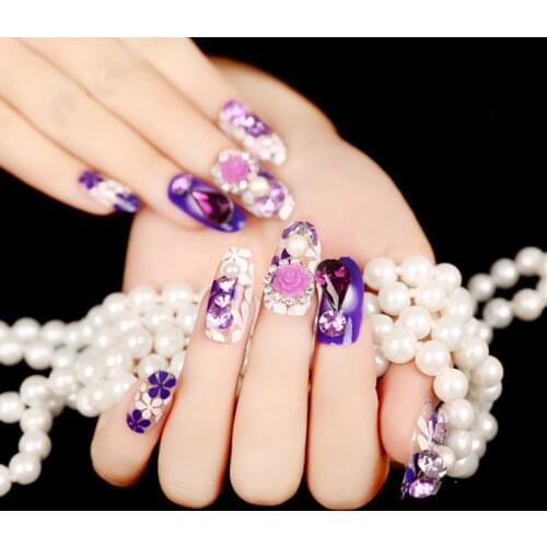 24pcs purple Raindrop drill wedding nails false nails with designs Glue-on style press on long fake nails Nail tips