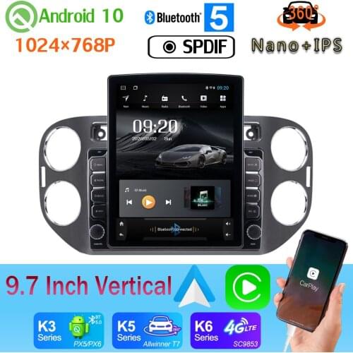 9.7" Vertical Tesla Android 10.0 Car Media Radio GPS PX6 4+64G For Volkswagen VW Tiguan 2010-2017 Nano+IPS SPDIF DSP 360 Camera
