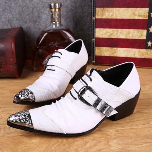 White genuine leather shoes with fashion buckle handmade men oxfords wedding party dress shoes mens high heels pointed toe shoe
