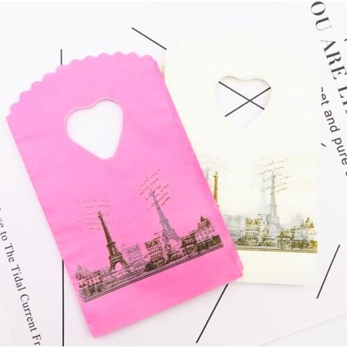 Black Tow Print Plastic Gift Bags With Heart Handle Yellow/Pink Plastic Boutique Jewelry Gift Small Cute Shopping Packaging Bag