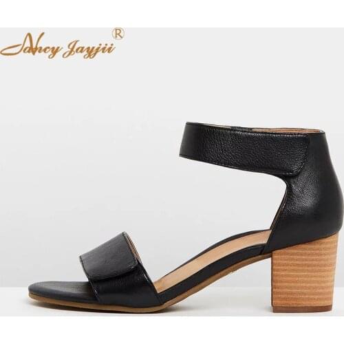 Hook&Loop Cork Block Heel Mid Black Sandals Big Size 12 16 Casual Shoes For Womens Summer 2019 High Quality Office Classic