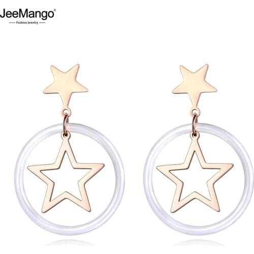 JeeMango Stainless Steel White Ceramic Stud Earrings Jewelry For Women Girls Rose Gold Double Star Wedding Earrings JE19031