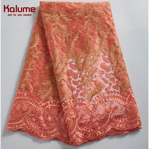 Kalume 2021 Cheap African Lace Fabric Peach French Mesh Lace Fabric With Stones Nigerian Tulle Lace Fabric For Party Dress F2322