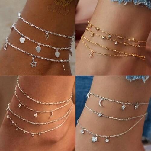 VKME Fashion Silver Multi Layer Chain Anklets Set For Women Girls Heart Star Tassel Chains Anklets Ankle Bracelet Foot Jewelry