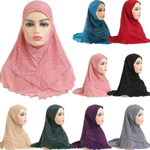 Malaysia One-Piece Amira Instant Hijab Ready to Wear Lace Head Wrap Muslim Islamic Headscarf Pull on Headwear Bandanas 70*60cm