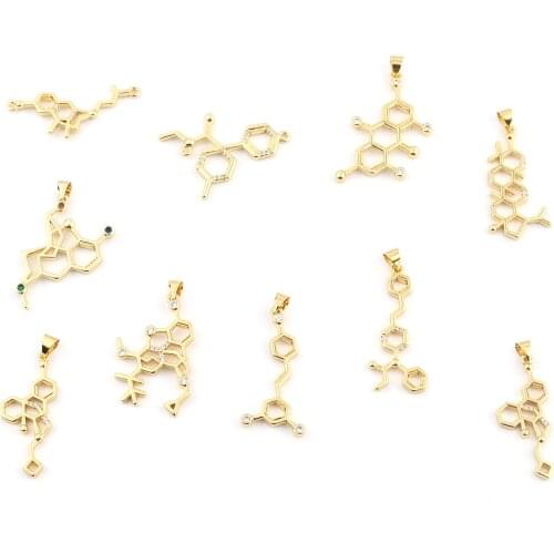 Copper Pendants Gold Color Metal Chemical Formula Multicolour Rhinestone Charms DIY Making Necklace Jewelry 37mm x 25mm, 1Piece