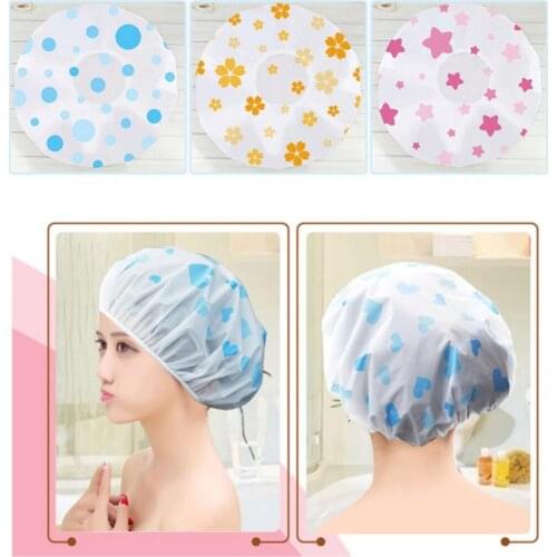 Sweet Shower Caps Women Colorful Cartoon Heart Lip Flower Print Waterproof Elastic Bathing Hat Fresh Print Pattern Shower Caps
