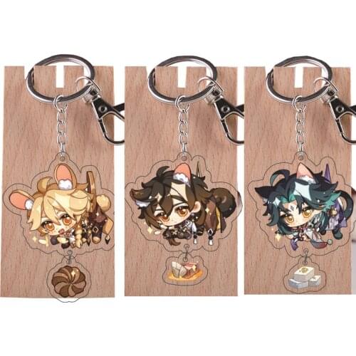Cute anime genshin impact keychain xiao zhongli tartaglia barbara klee venti Diluc kaeya razor mona keqing figure keyfob trinket