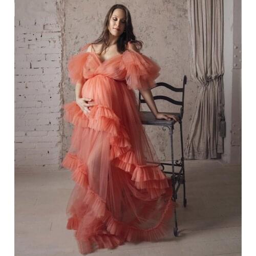 Fashion See Though Evening Dress for Photoshoot Flowers 2021 Maternity Long Sleeves Evening Gown Custom Made Lace Tulle Dress